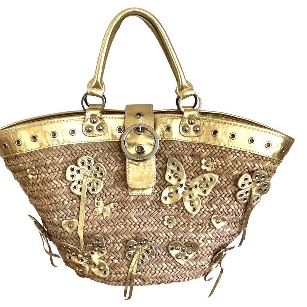 Rafe New York Large Straw Woven Gold Butterflies And Fringe handbag Tote Boho Co